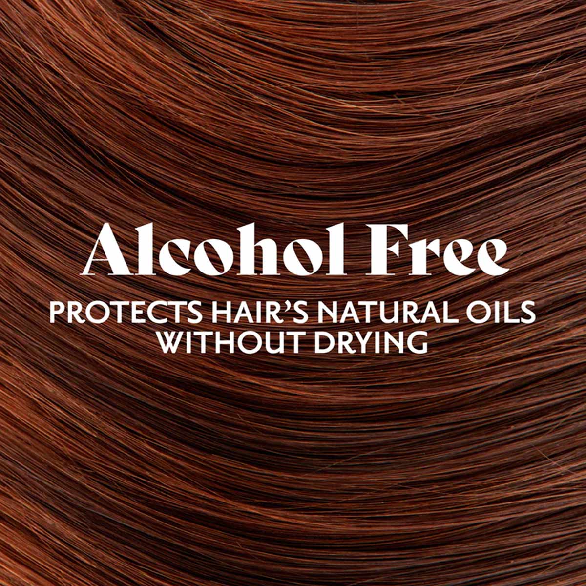 Close-up of reddish-brown hair strands with "Alcohol Free" and product benefit text overlaid.