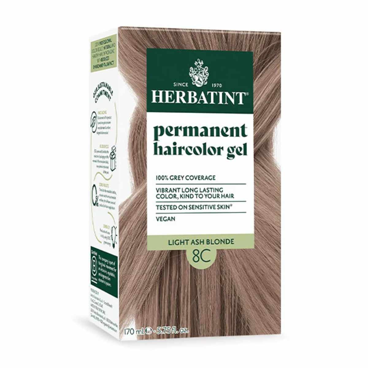 Herbatint permanent haircolor gel box in Light Ash Blonde shade 8C, 170ml bottle.