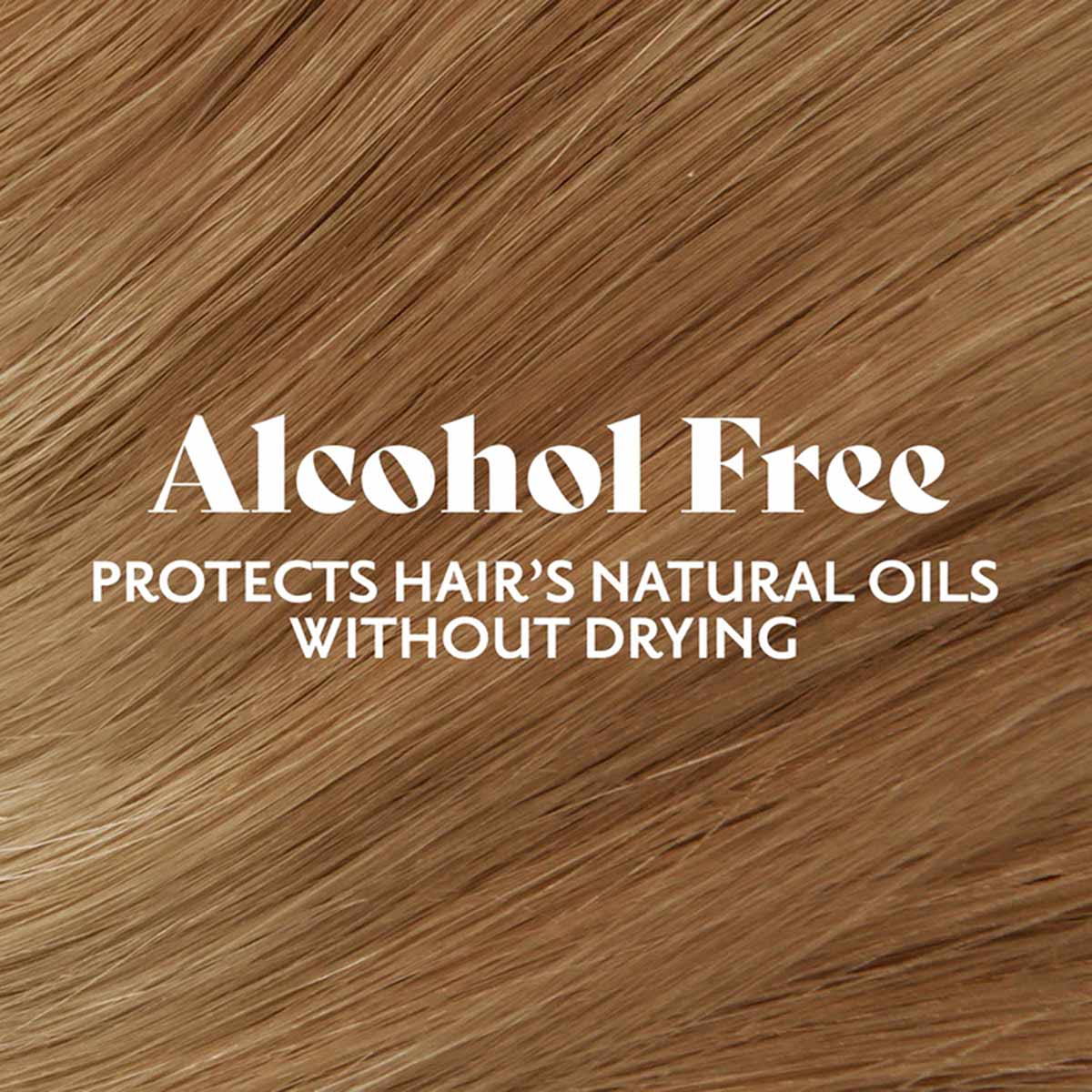 Close-up of medium brown hair strands with text overlay stating "Alcohol Free" and product benefits.