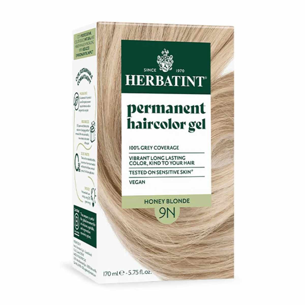 Herbatint permanent haircolor gel box in Honey Blonde 9N shade with 170ml bottle visible on packaging.