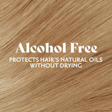 Close-up of medium blonde hair strands with text overlay stating "Alcohol Free" and "Protects Hair's Natural Oils Without Dry
