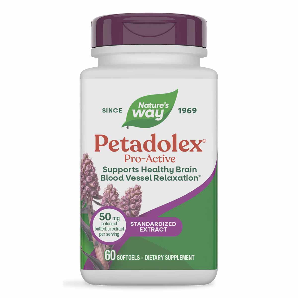White and purple dietary supplement bottle with purple cap containing 60 softgels of Petadolex Pro-Active by Nature's Way.
