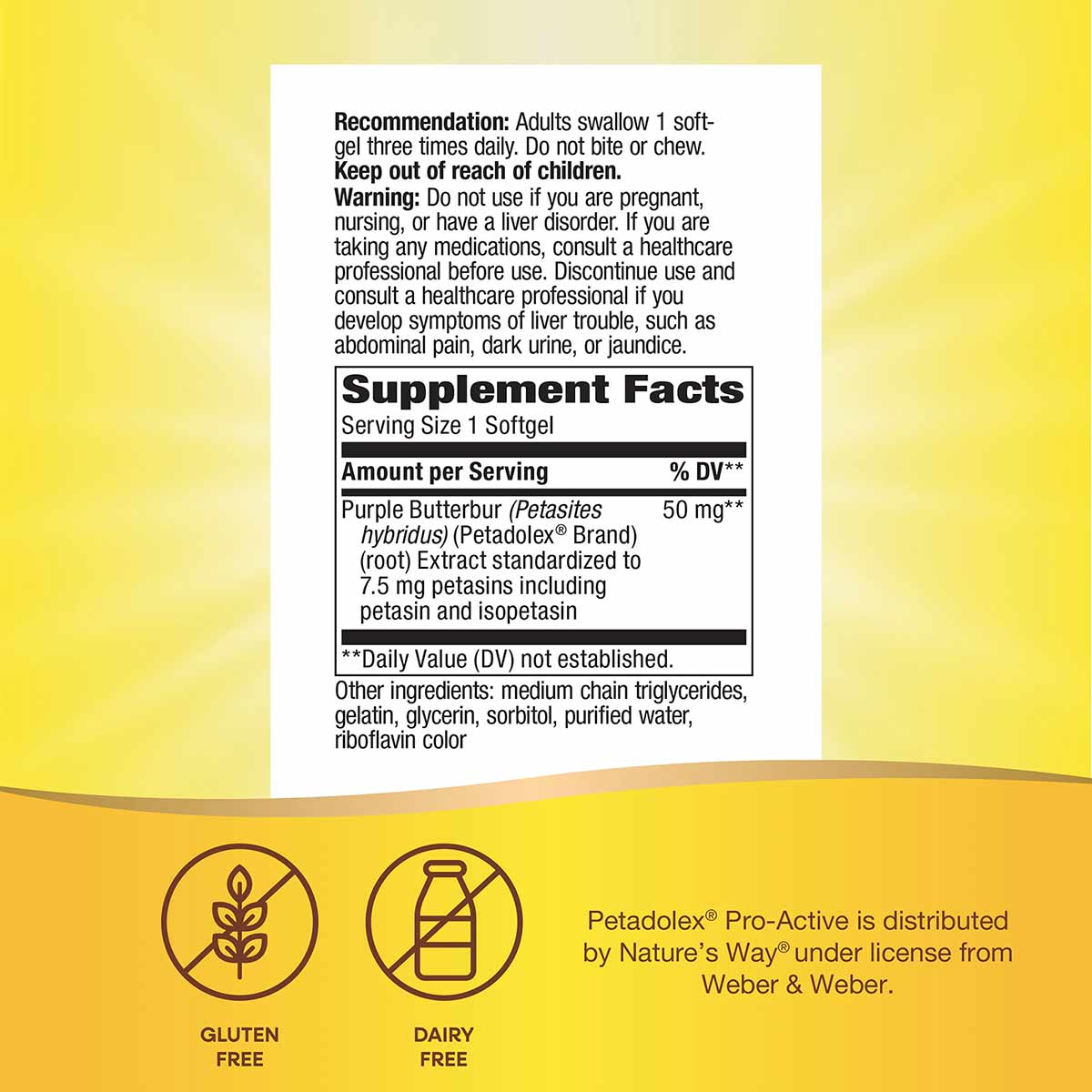 Back label of Petadolex Pro-Active supplement showing usage instructions, supplement facts with purple butterbur extract, and