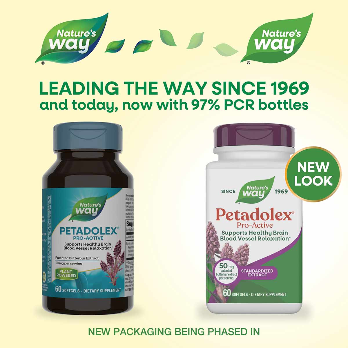 Two Petadolex Pro-Active supplement bottles by Nature's Way, one with teal cap and one with purple cap, each containing 60 so