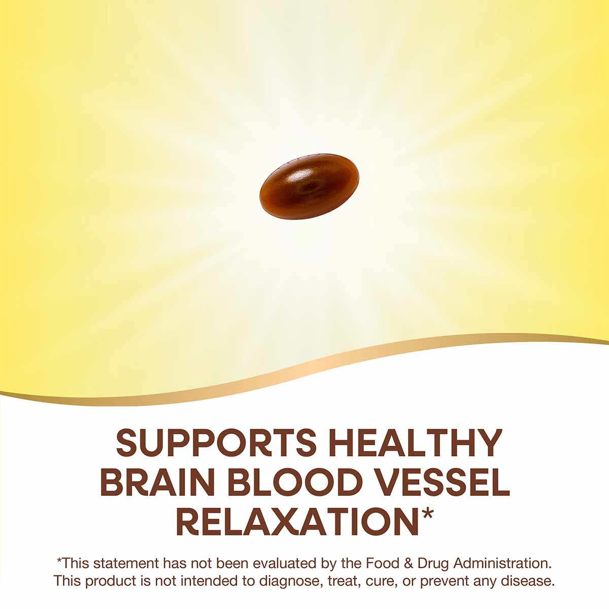 Brown oval softgel capsule on yellow background with product benefit text below.