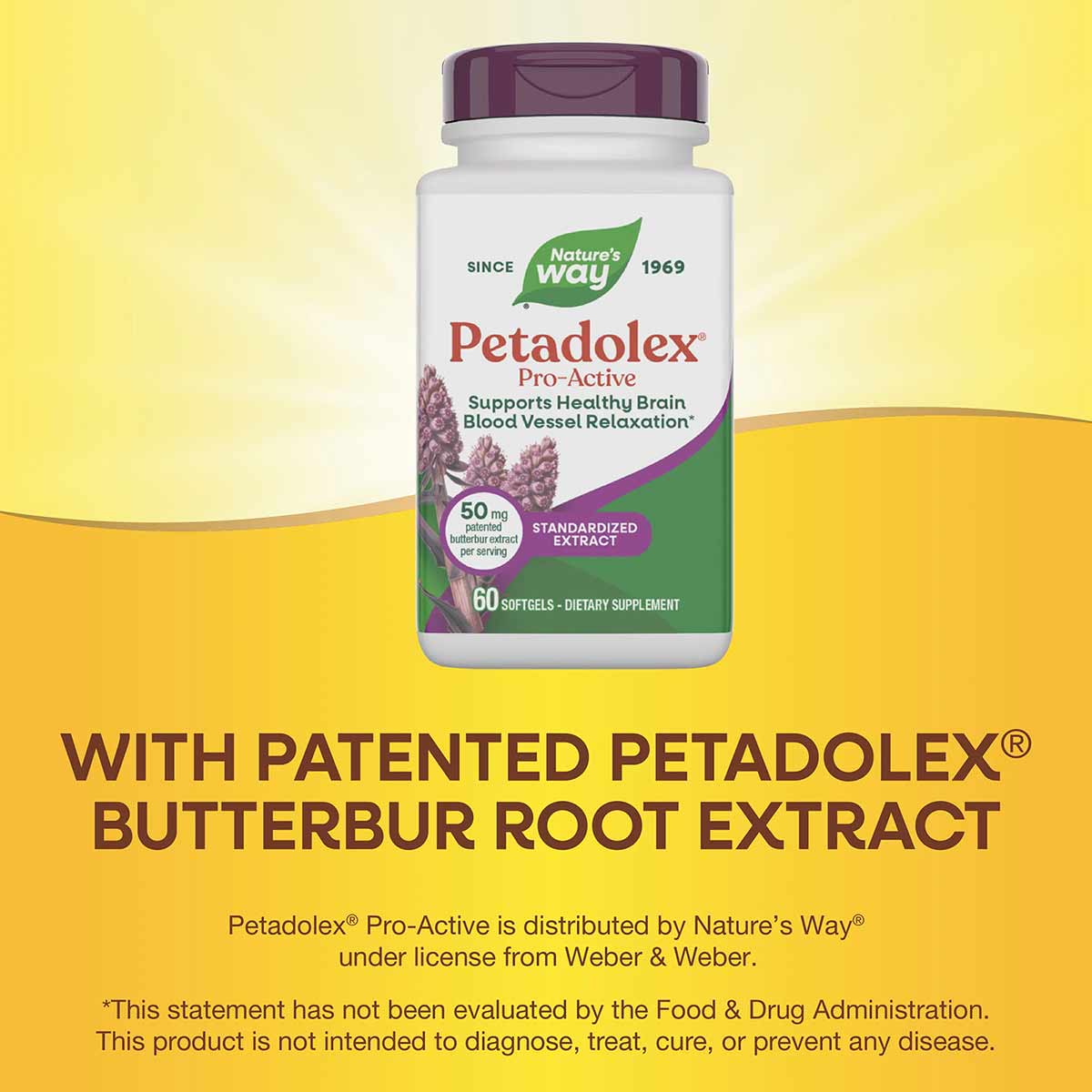 Petadolex Pro-Active dietary supplement bottle with purple cap containing 60 softgels by Nature's Way.