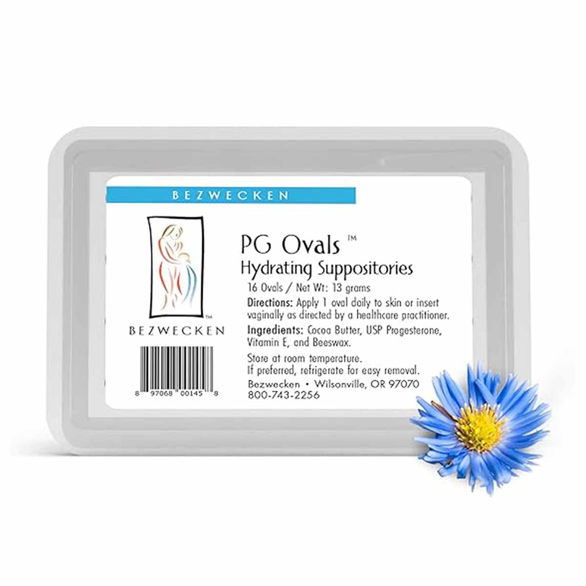 PG Ovals hydrating suppositories package by Bezwecken containing 16 ovals with ingredient and usage information label.
