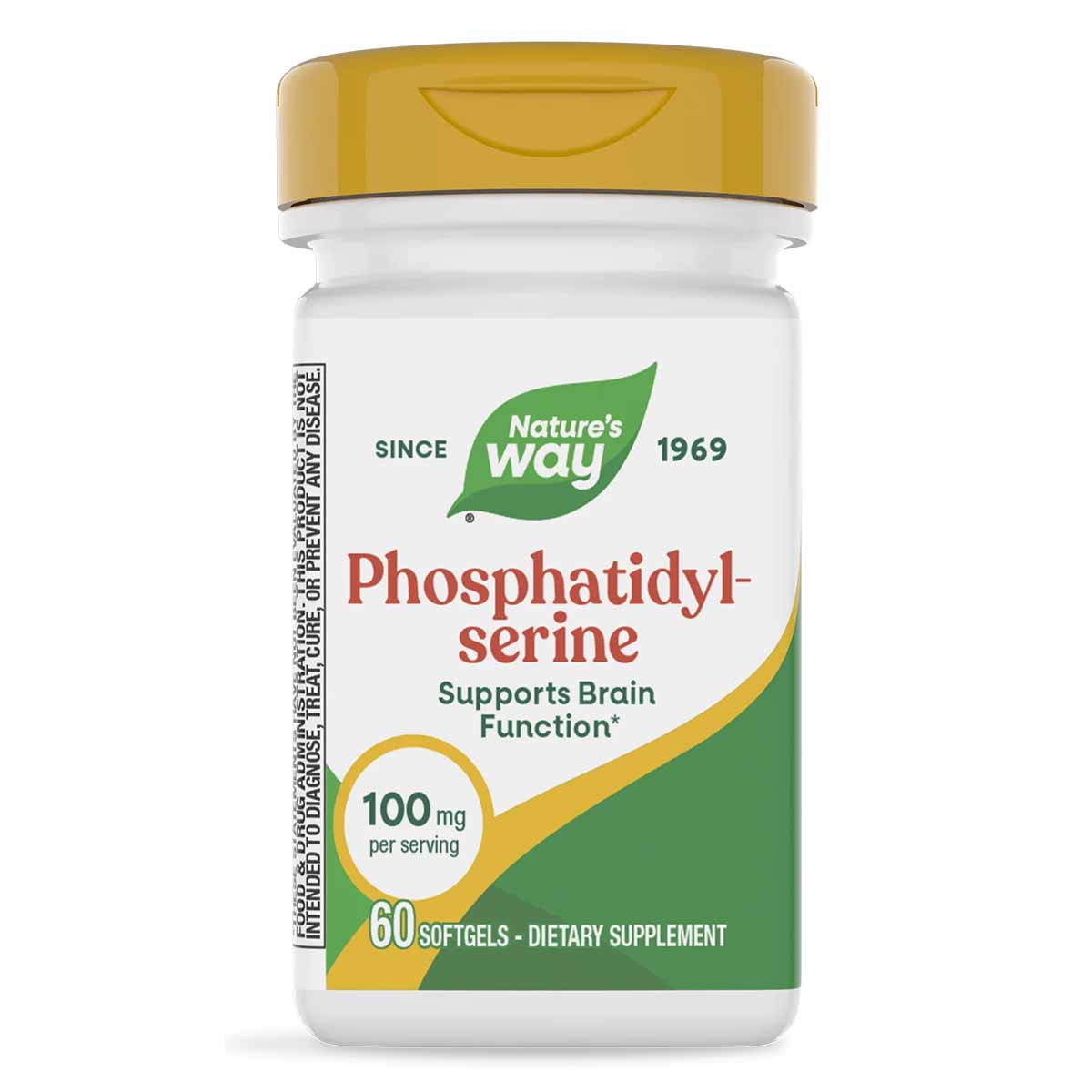 White bottle with gold cap containing Nature's Way Phosphatidyl-serine dietary supplement, 100 mg per serving, 60 softgels.
