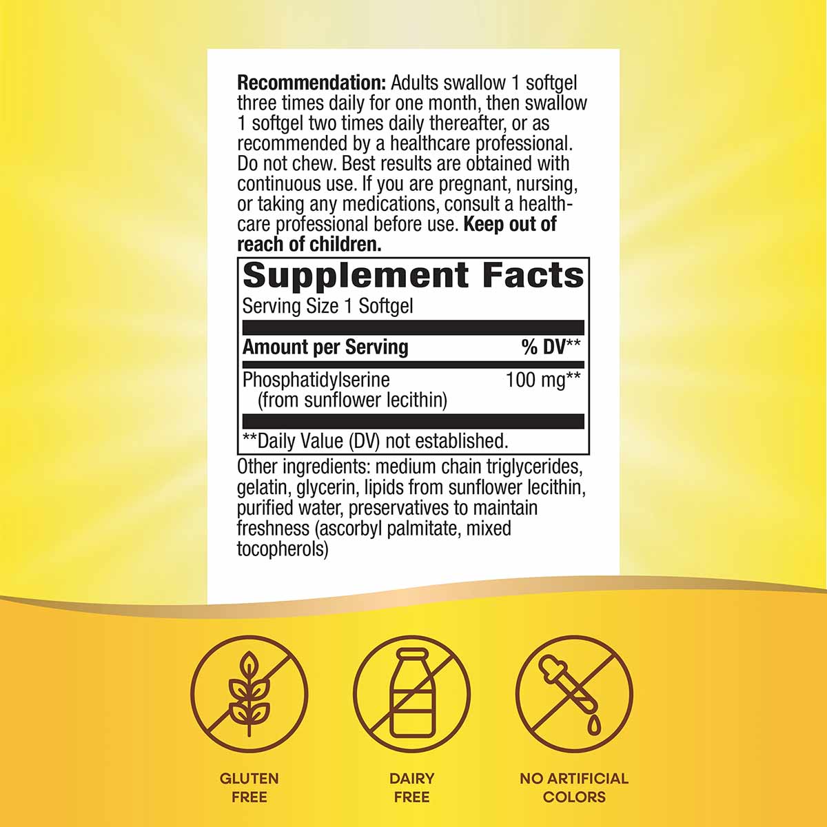 Supplement Facts label for Phosphatidyl-Serine softgels with usage instructions and ingredient list on yellow background.