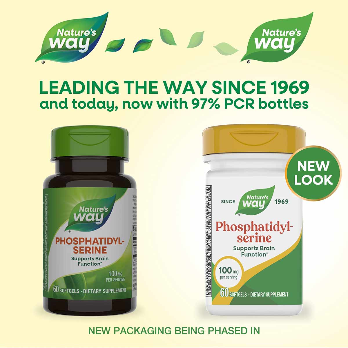 Two Nature's Way Phosphatidyl-Serine bottles: dark green older packaging and white newer packaging, both labeled 100 mg per s