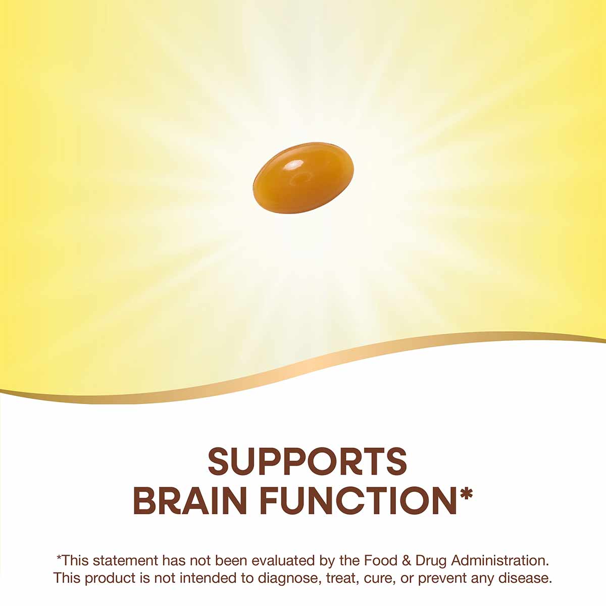 Brown oval softgel capsule on yellow and white background with text stating "Supports Brain Function."