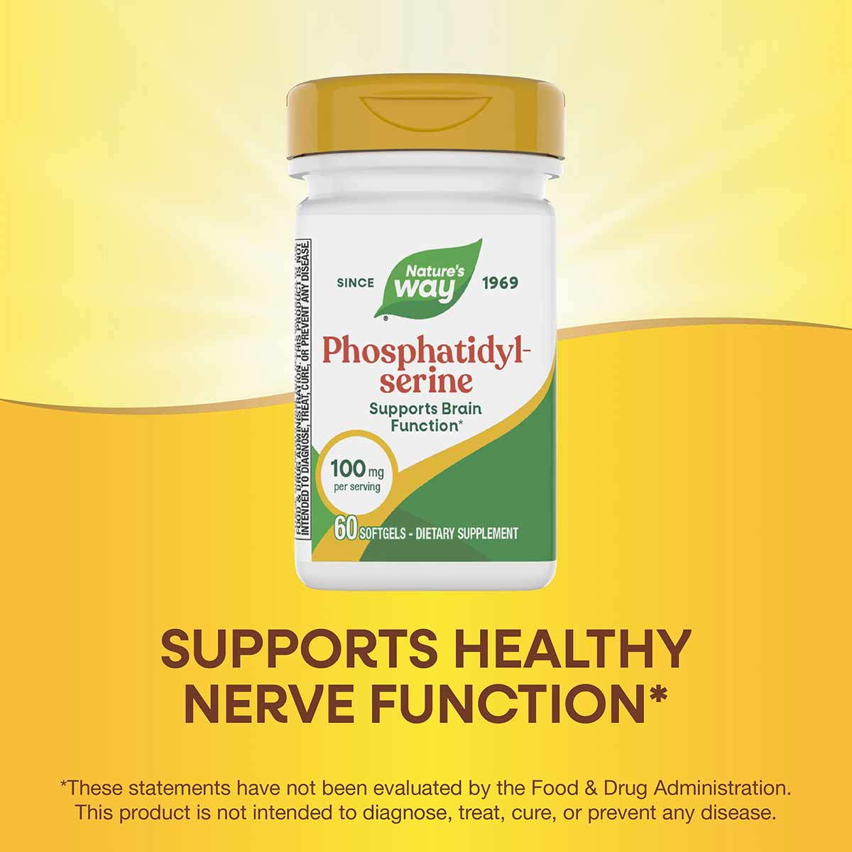 Nature's Way Phosphatidyl-serine 100mg softgel supplement bottle with gold cap on yellow background.