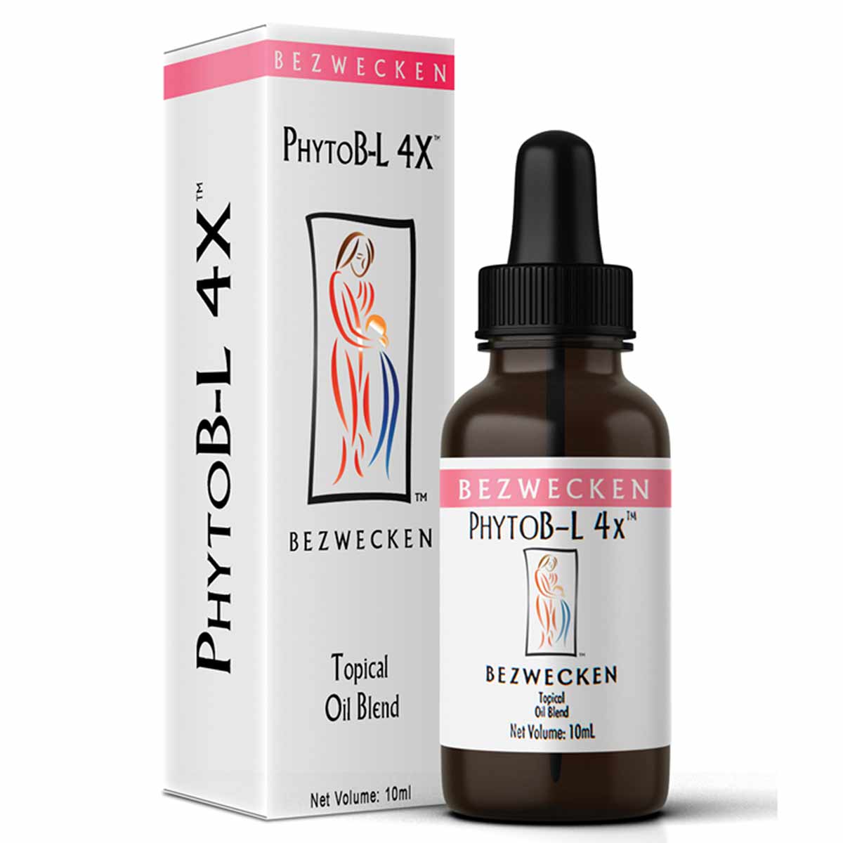 PhytoB-L 4X topical oil blend by Bezwecken in a 10ml dark glass dropper bottle with white box packaging.