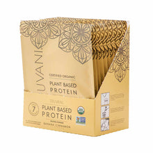 Truvani certified organic plant-based protein powder box with seven individual banana cinnamon flavor packets inside.