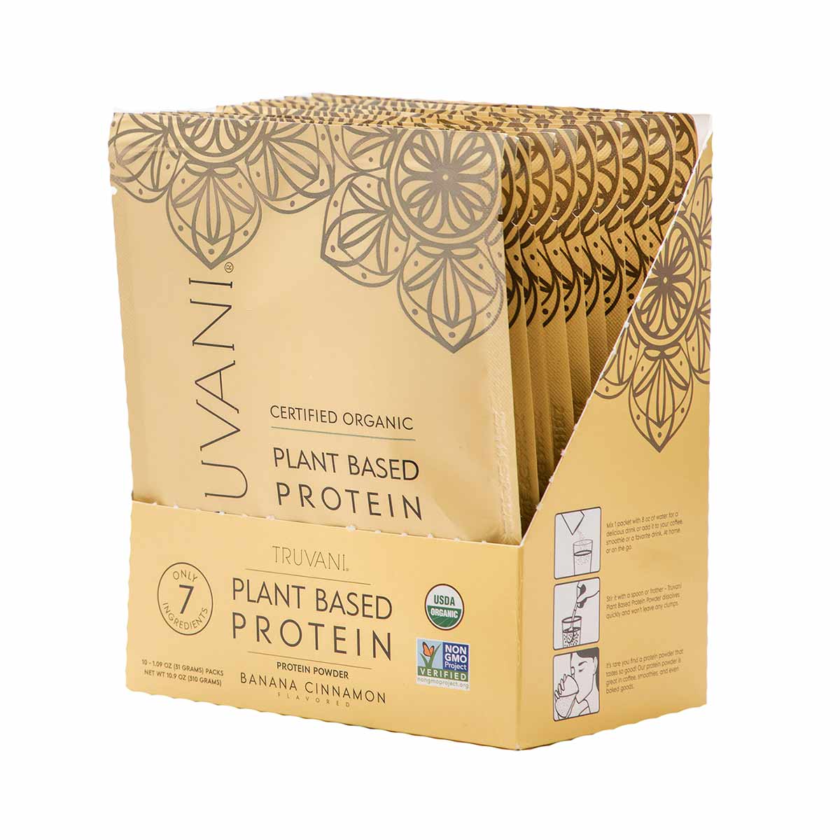 Truvani certified organic plant-based protein powder box with seven individual banana cinnamon flavor packets inside.