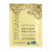 Truvani plant-based protein powder packet in banana cinnamon flavor with certified organic and non-GMO labels.