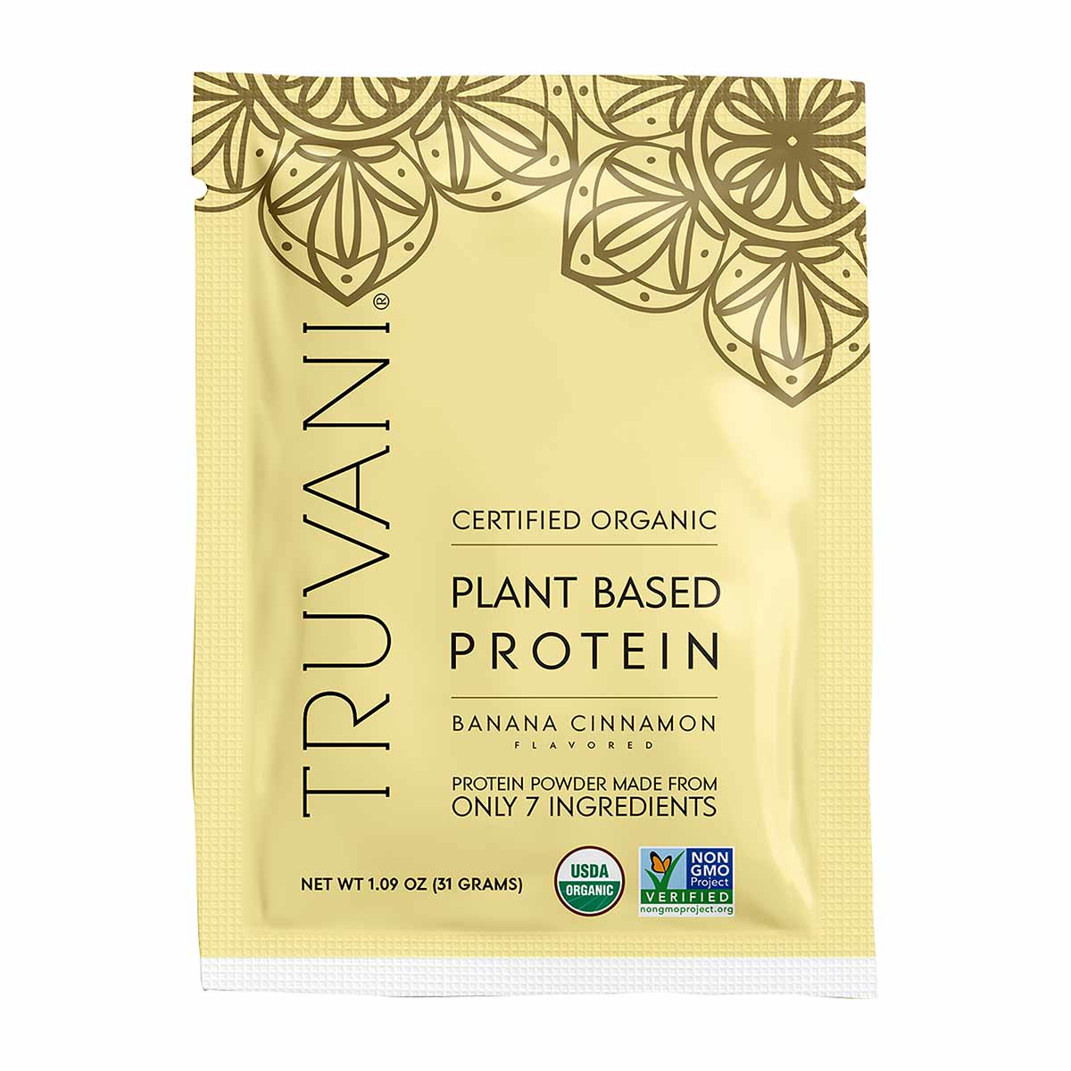 Truvani plant-based protein powder packet in banana cinnamon flavor with certified organic and non-GMO labels.