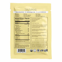 Truvani banana cinnamon flavored plant-based protein powder packet with nutrition facts and certification labels on yellow ba