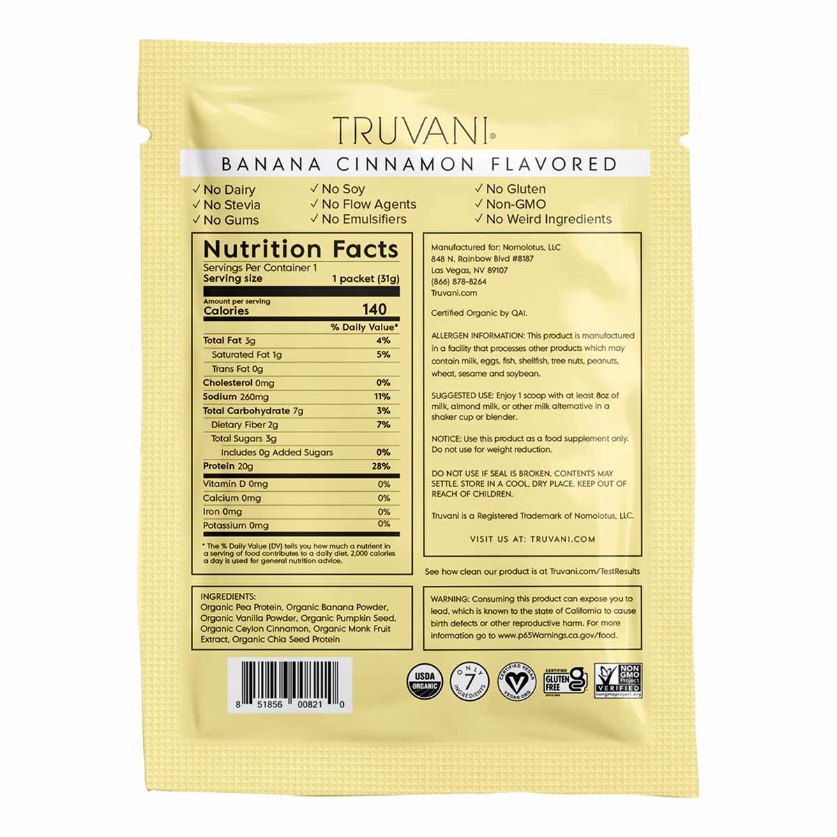 Truvani banana cinnamon flavored plant-based protein powder packet with nutrition facts and certification labels on yellow ba