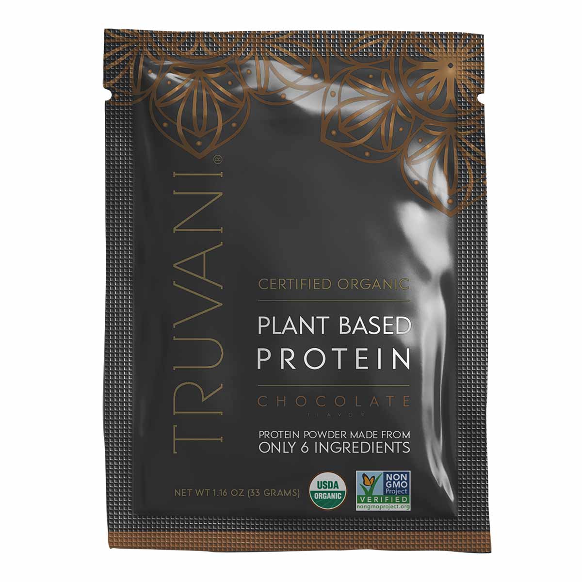Truvani certified organic plant-based protein powder packet in chocolate flavor with gold and black packaging design.