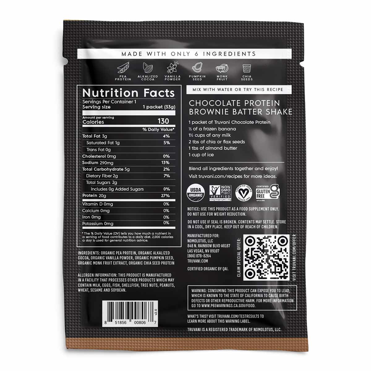 Truvani chocolate protein powder packet with nutrition facts, ingredients, and preparation instructions on black and kraft pa