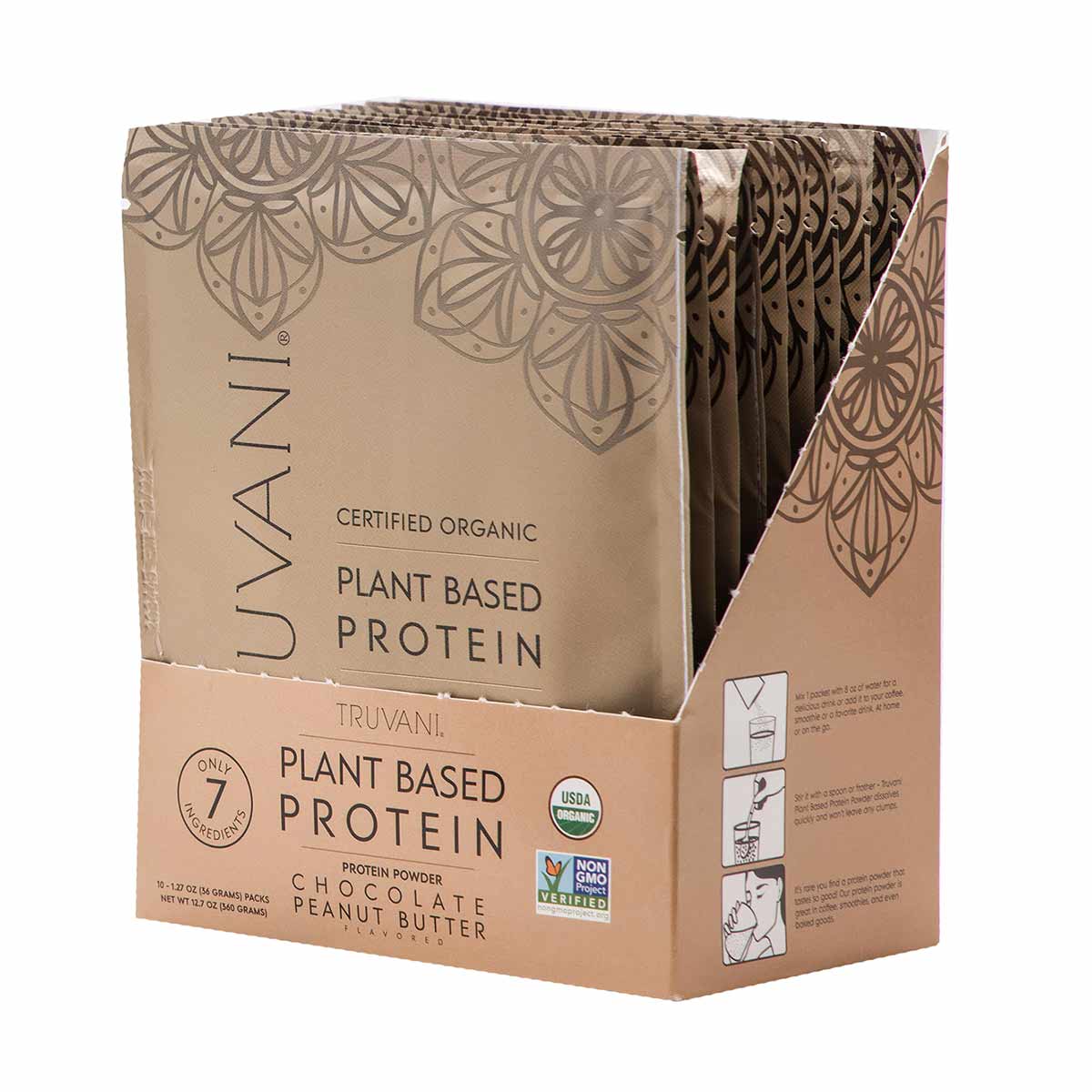 Truvani Plant Based Protein Box containing seven individual packets of Certified Organic Chocolate Peanut Butter protein powd