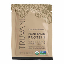 Truvani certified organic plant-based protein powder packet in chocolate peanut butter flavor, 1.27 oz.