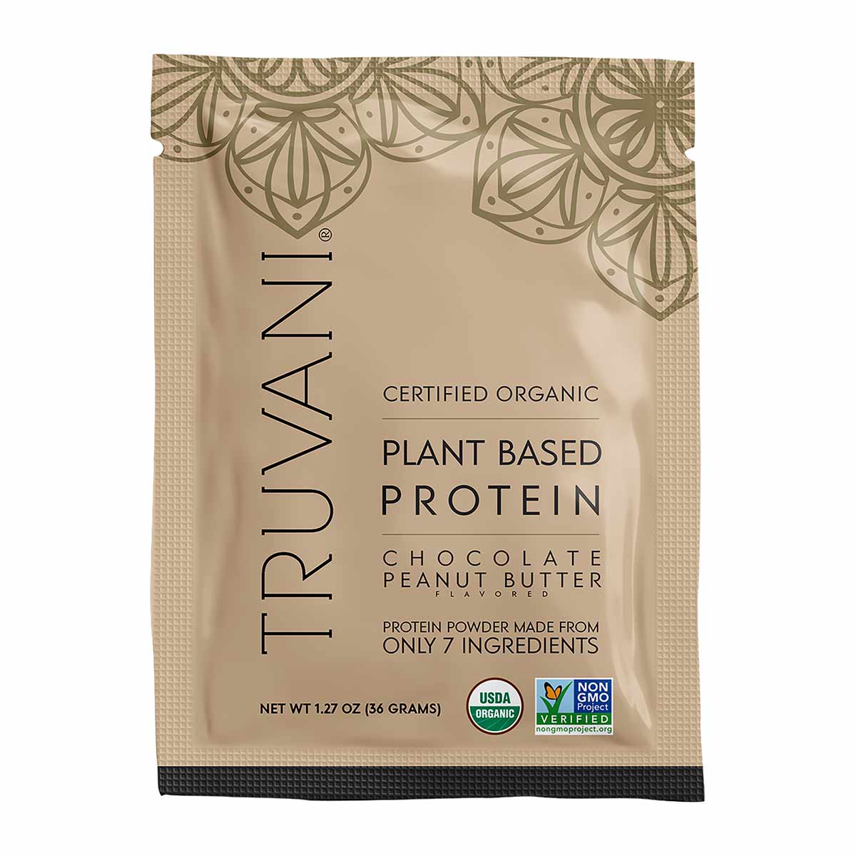 Truvani certified organic plant-based protein powder packet in chocolate peanut butter flavor, 1.27 oz.