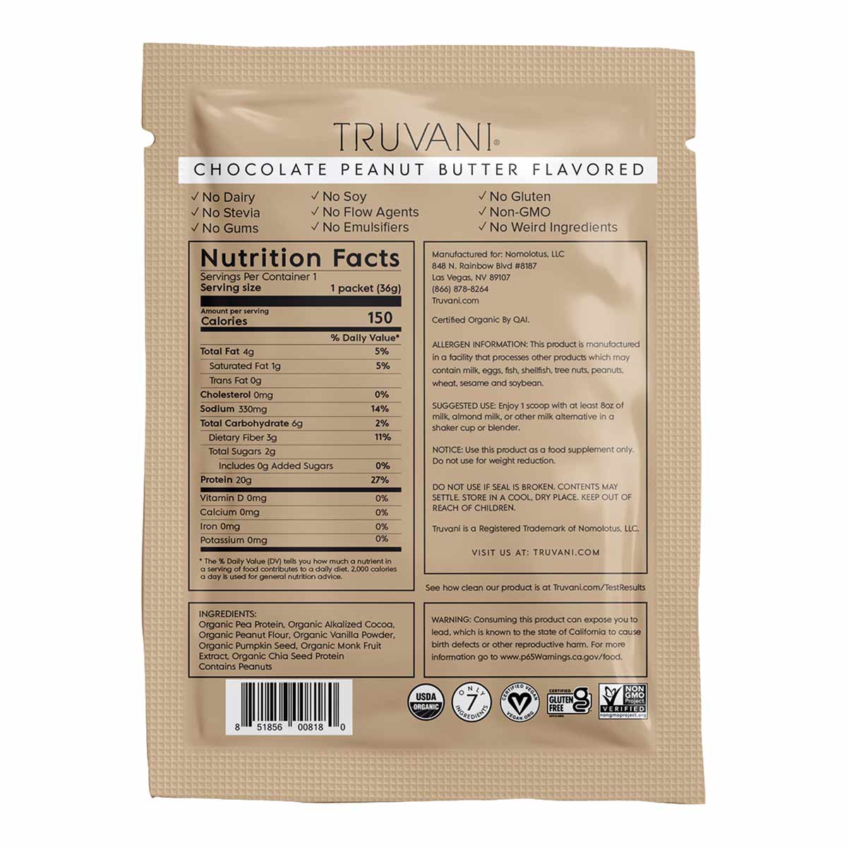 Truvani chocolate peanut butter flavored plant-based protein packet with nutrition facts and ingredient list.