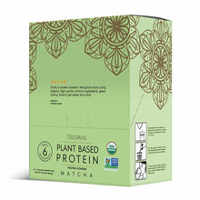 Truvani Plant Based Protein powder box in green with matcha flavor, featuring decorative floral patterns and product informat