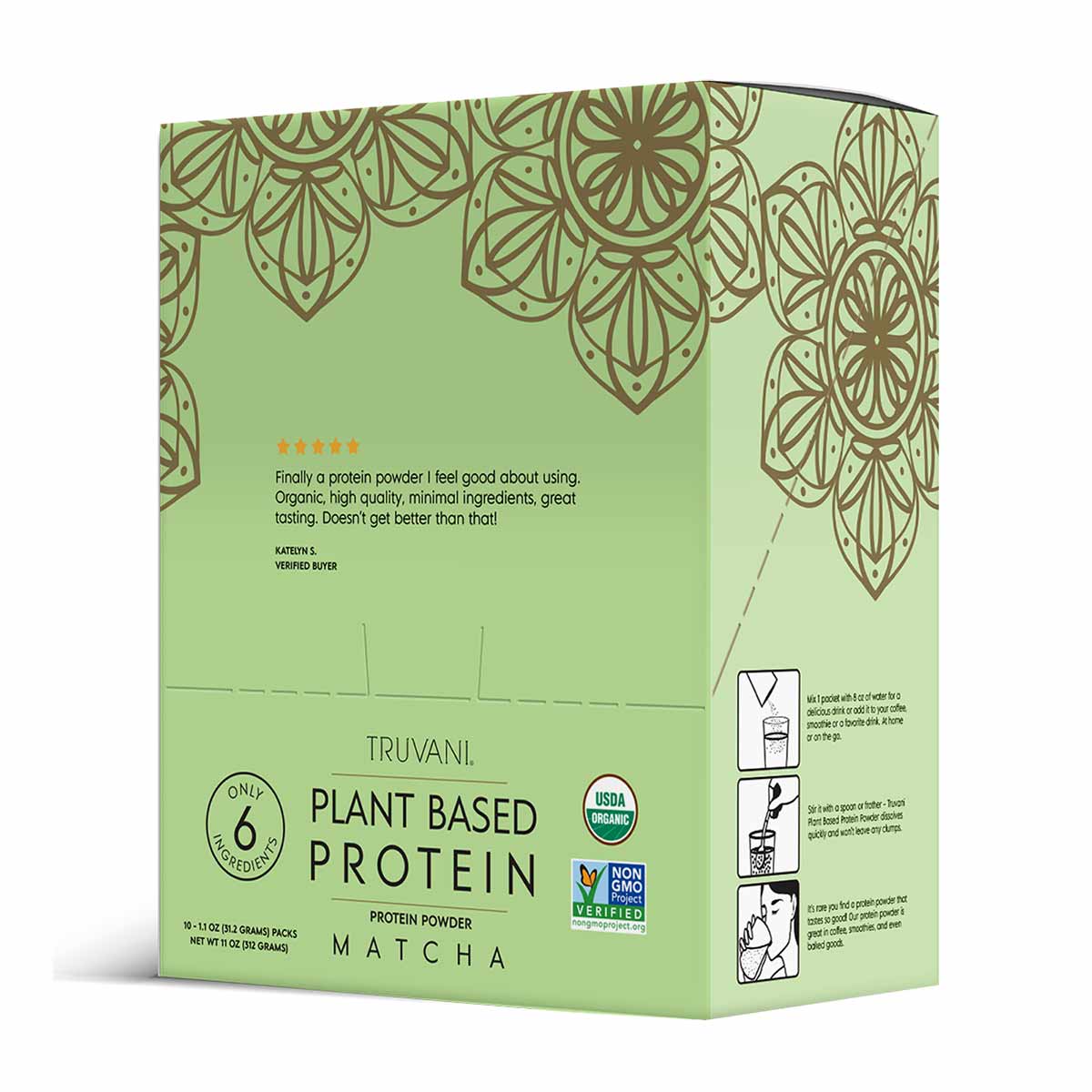 Truvani Plant Based Protein powder box in green with matcha flavor, featuring decorative floral patterns and product informat