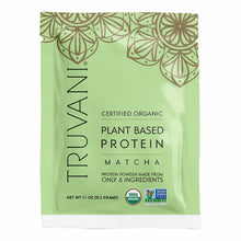 Truvani certified organic matcha plant-based protein powder packet, 11 oz, with decorative green mandala design and certifica