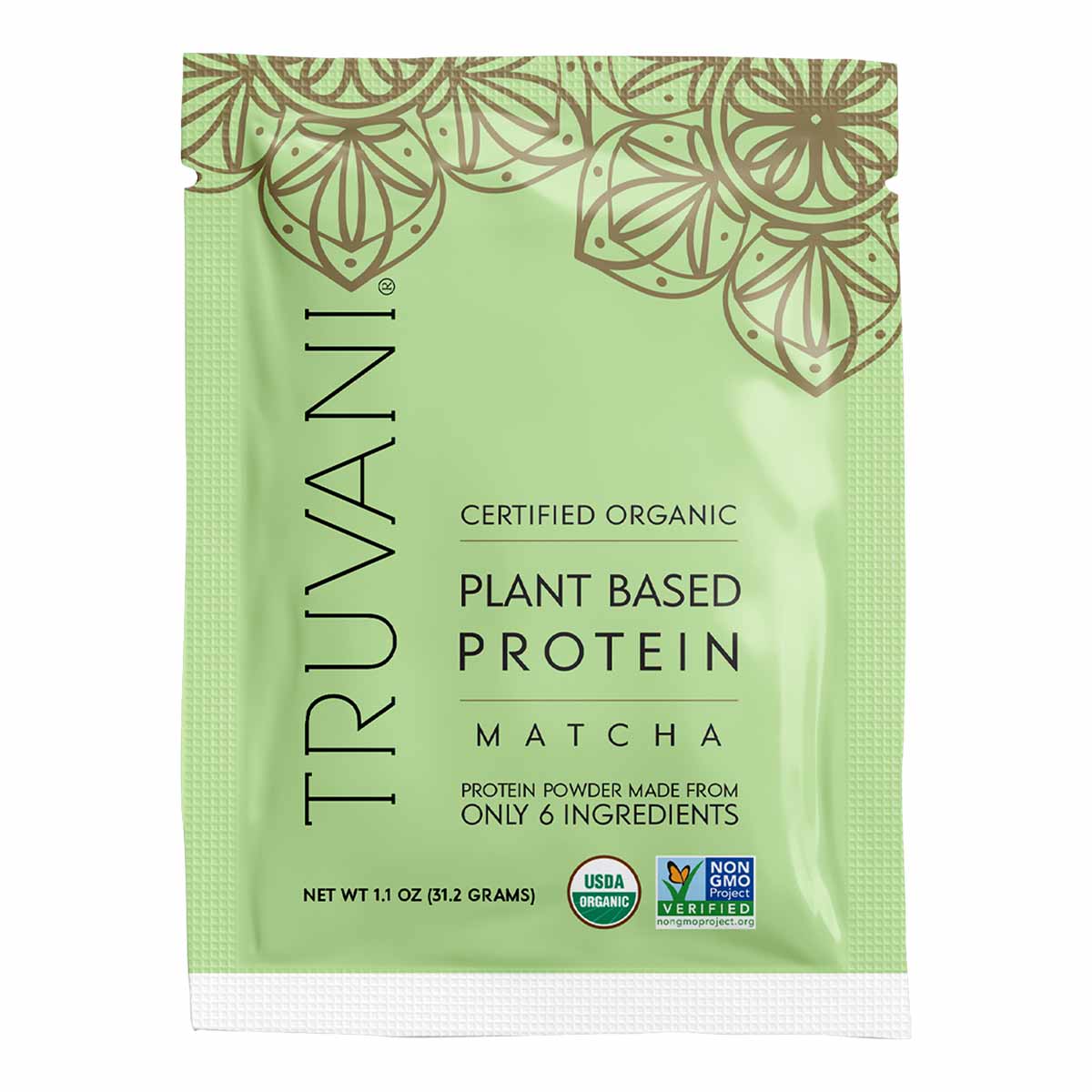 Truvani certified organic matcha plant-based protein powder packet, 11 oz, with decorative green mandala design and certifica