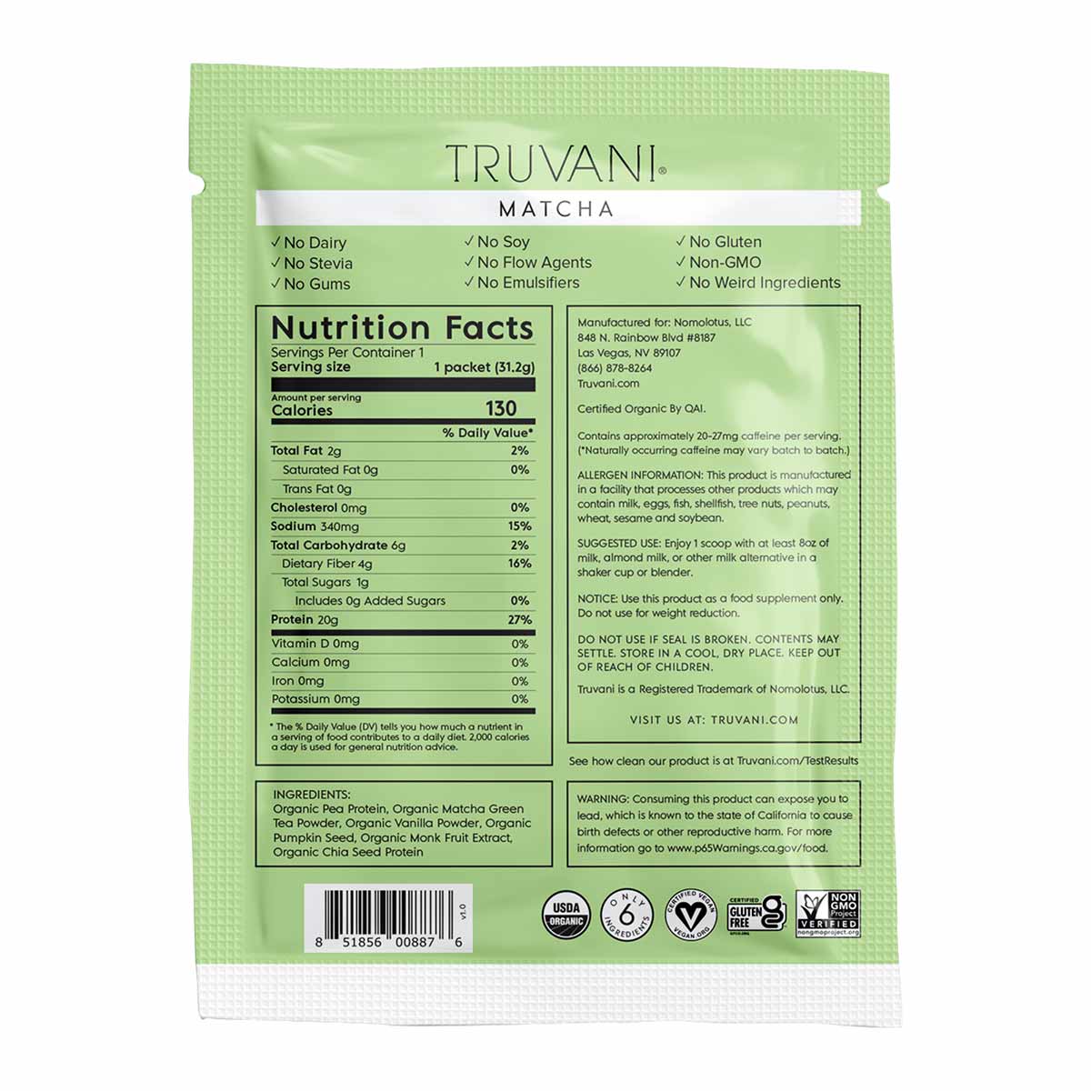 Truvani matcha protein powder packet with nutrition facts, ingredients list, and certification badges on green background.
