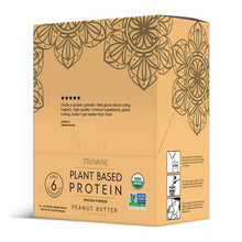Truvani Plant Based Protein powder box in peanut butter flavor with decorative leaf pattern and product certifications visibl