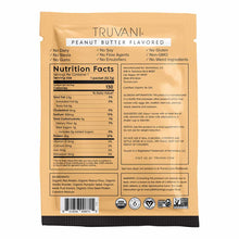 Truvani peanut butter flavored protein powder packet showing nutrition facts, ingredients, and certifications on tan packagin