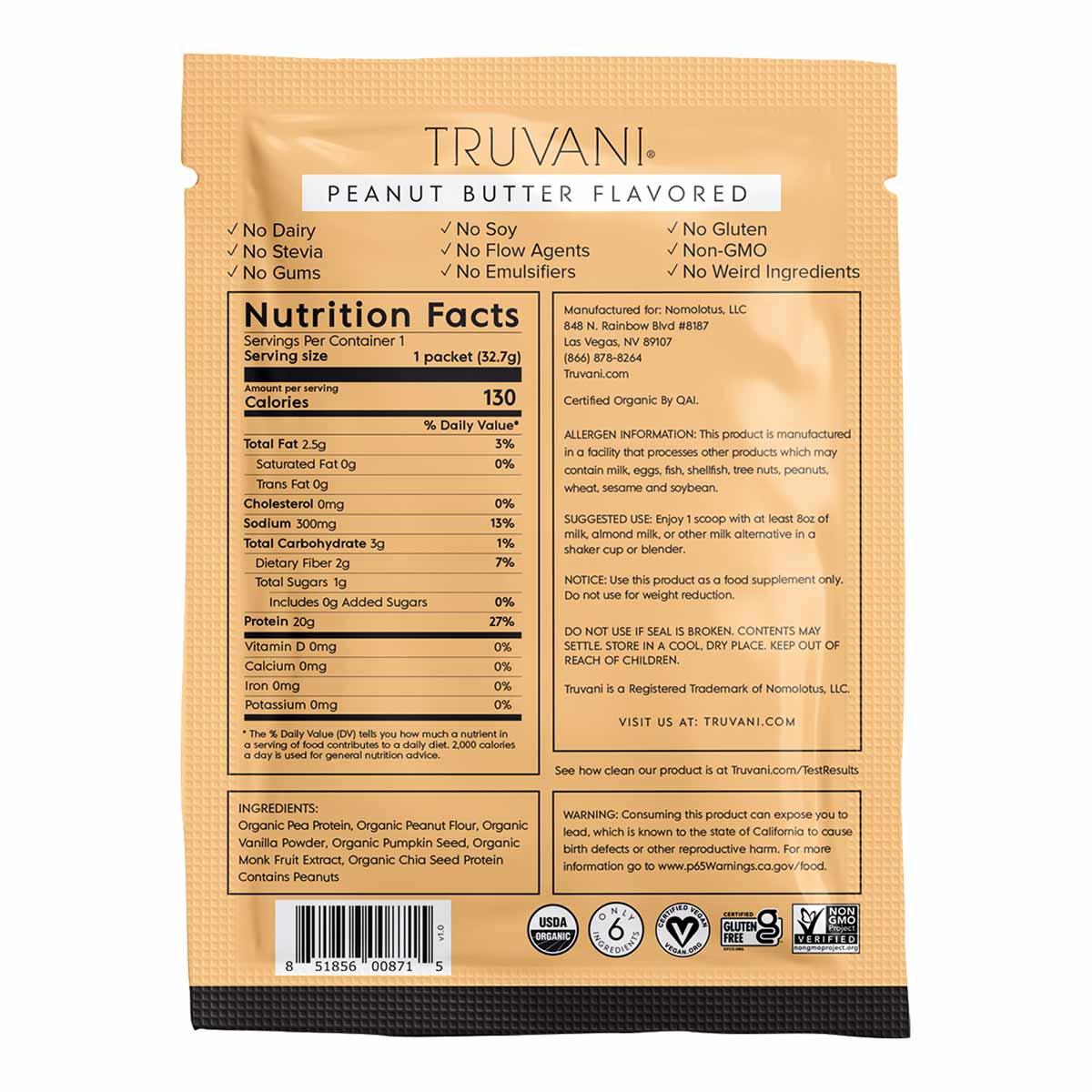 Truvani peanut butter flavored protein powder packet showing nutrition facts, ingredients, and certifications on tan packagin