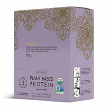 Truvani Plant Based Protein powder box in lavender with gold mandala design, unflavored and unsweetened, 10 packets.