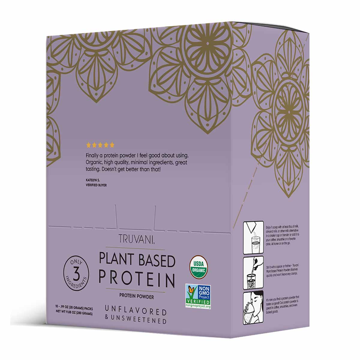 Truvani Plant Based Protein powder box in lavender with gold mandala design, unflavored and unsweetened, 10 packets.