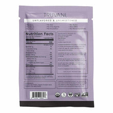 Lavender Truvani protein powder packet displaying nutrition facts, ingredients, and certification badges on front and back.