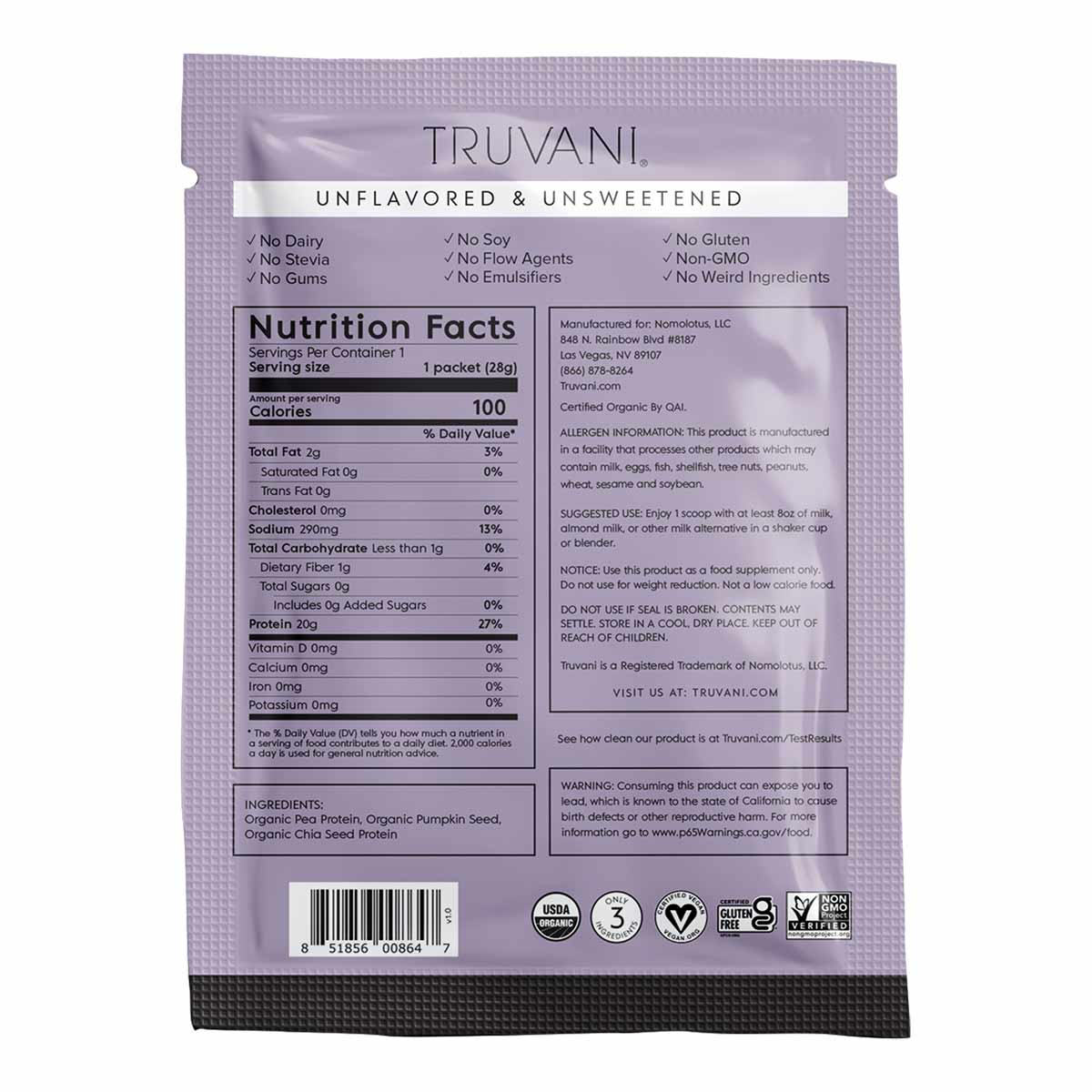 Lavender Truvani protein powder packet displaying nutrition facts, ingredients, and certification badges on front and back.