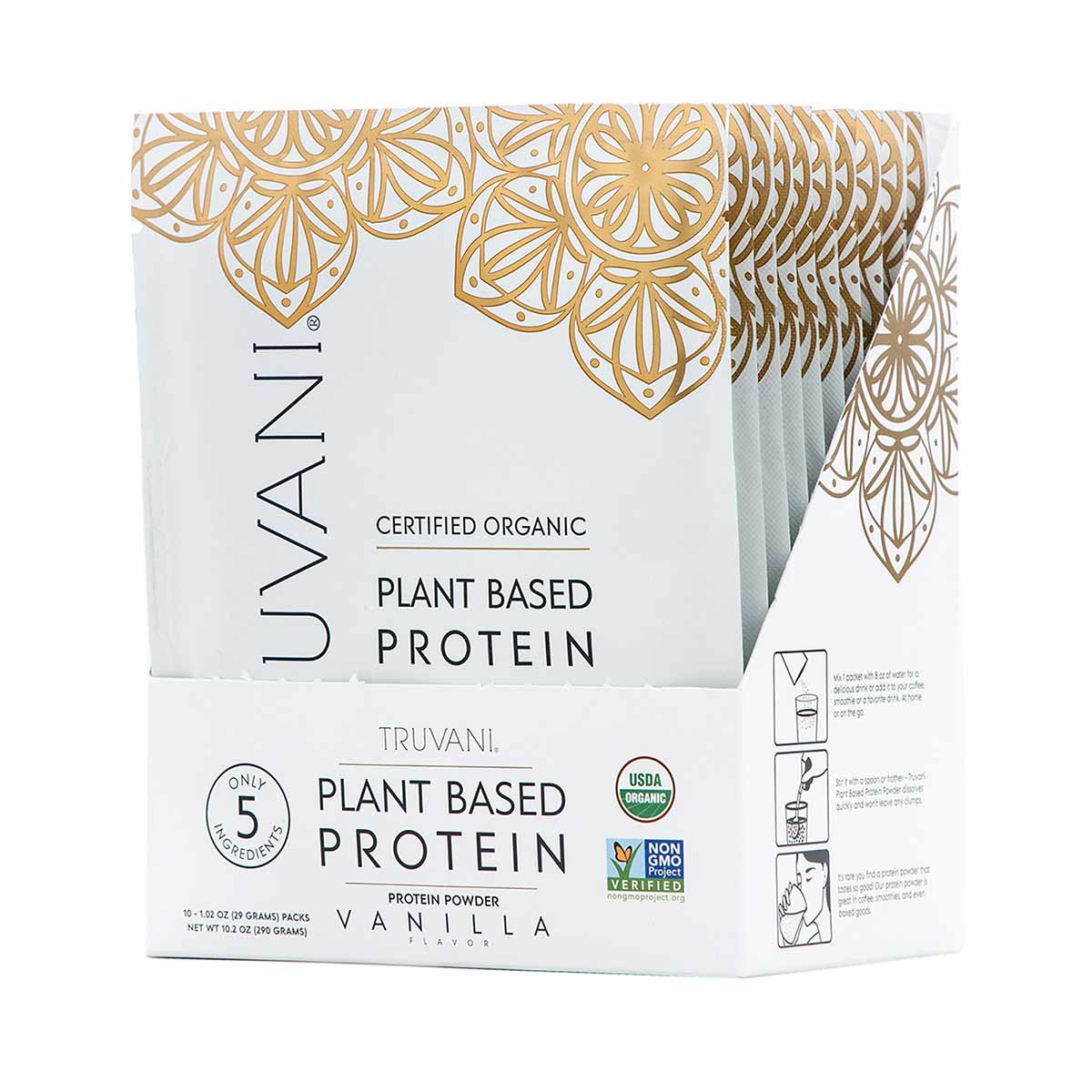 Truvani certified organic plant-based vanilla protein powder box containing 10 individual packets with gold decorative leaf p