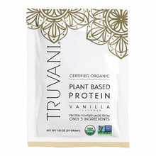 Truvani certified organic vanilla plant-based protein powder packet with decorative gold leaf design and certification badges