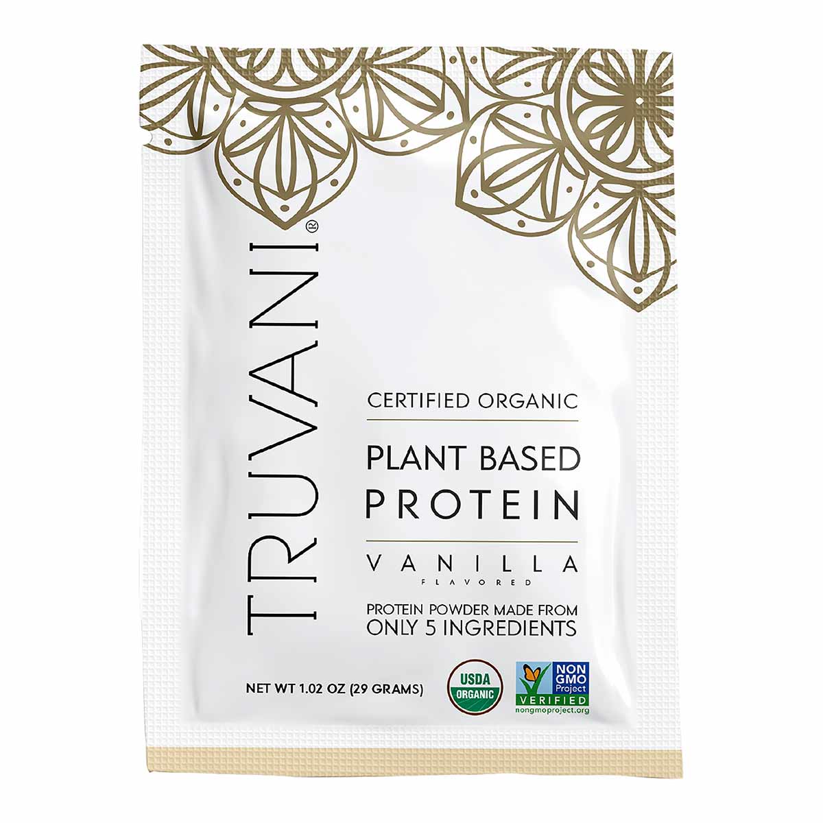 Truvani certified organic vanilla plant-based protein powder packet with decorative gold leaf design and certification badges