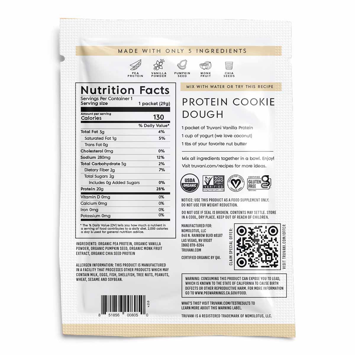 Truvani plant-based protein packet with nutrition facts, ingredients list, and protein cookie dough recipe instructions on wh