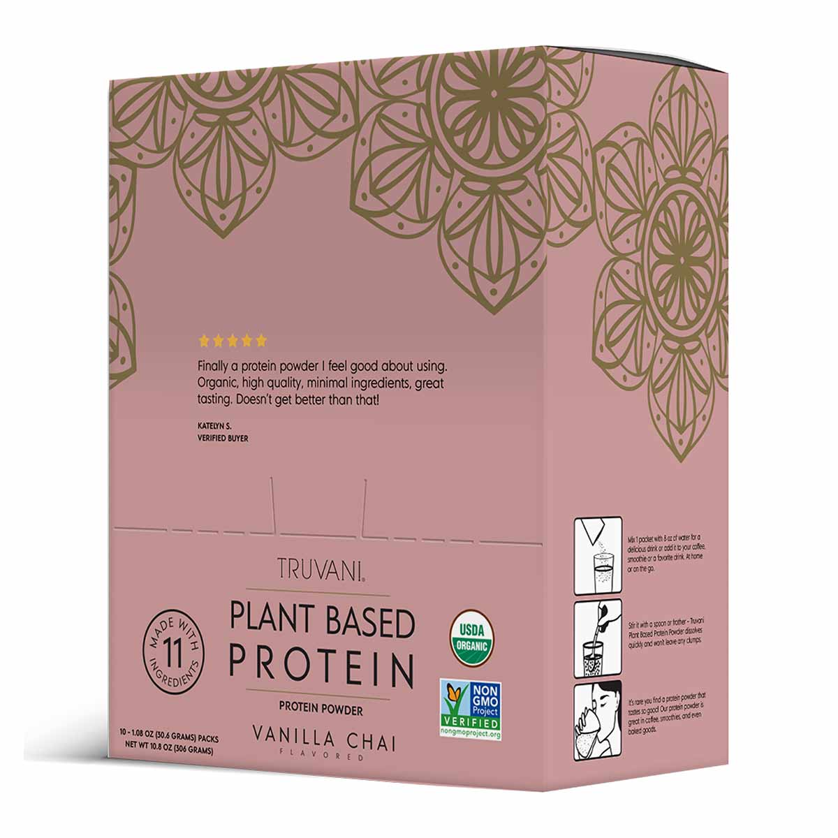 Truvani Plant Based Protein powder box in pink with gold floral design, Vanilla Chai flavor, 10 packets.