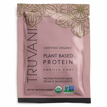 Truvani plant-based protein powder packet in vanilla chai flavor, certified organic, 1.08 oz.