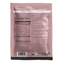 Truvani vanilla chai flavored plant-based protein packet with nutrition facts, ingredients, and certification badges on mauve