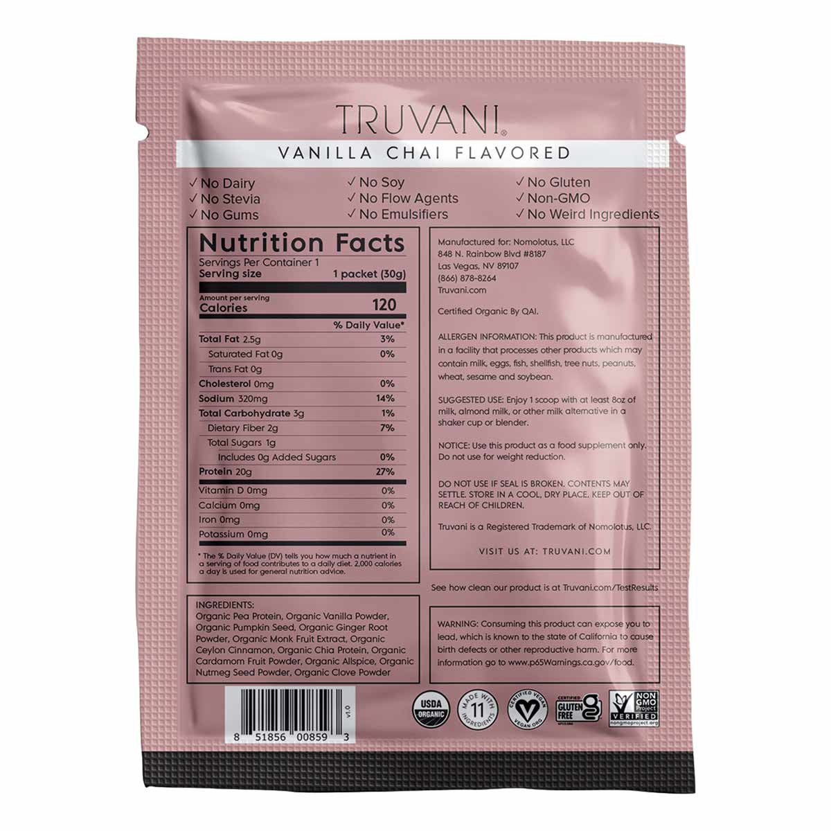 Truvani vanilla chai flavored plant-based protein packet with nutrition facts, ingredients, and certification badges on mauve
