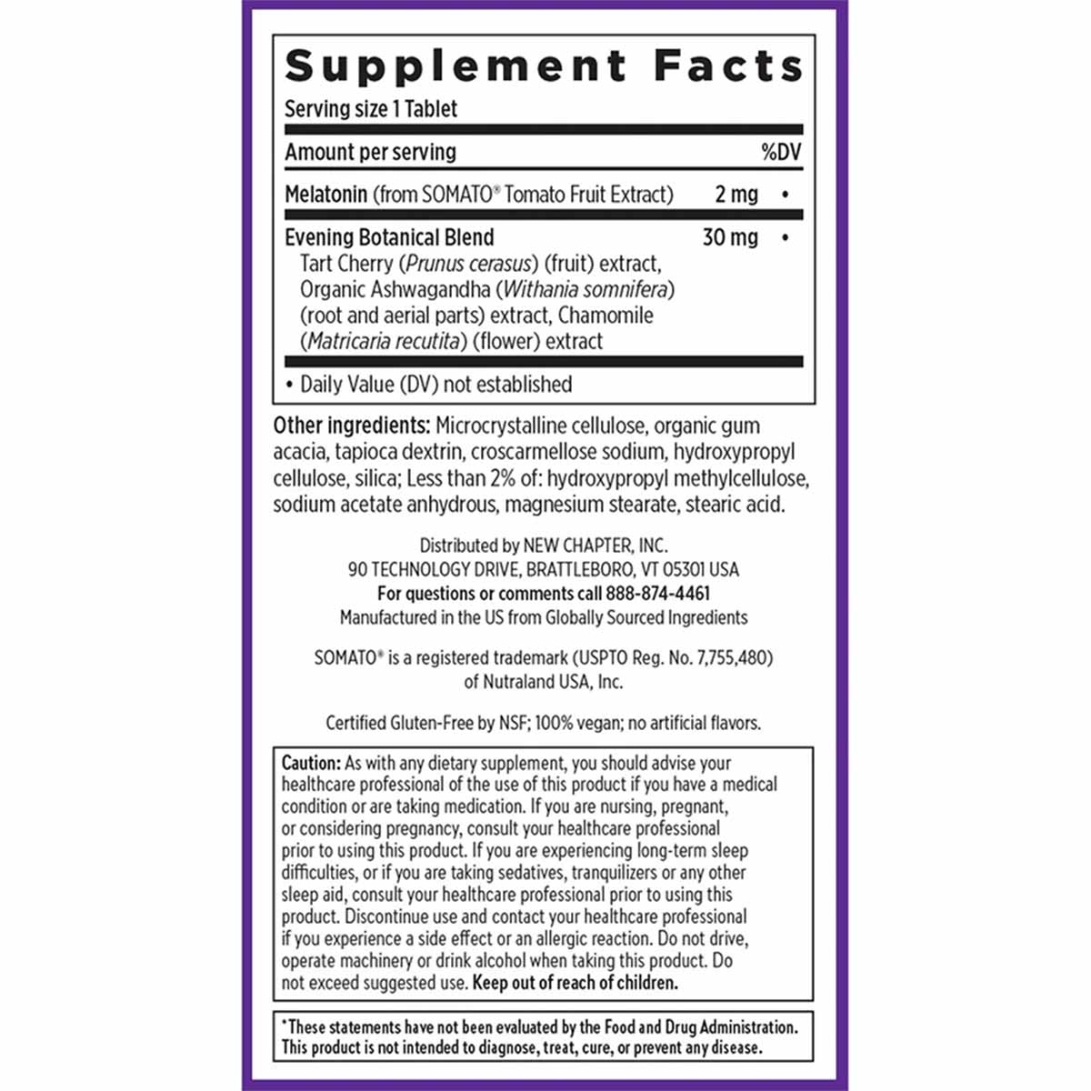 Plant Melatonin supplement bottle label showing supplement facts with 2 mg melatonin and evening botanical blend ingredients.